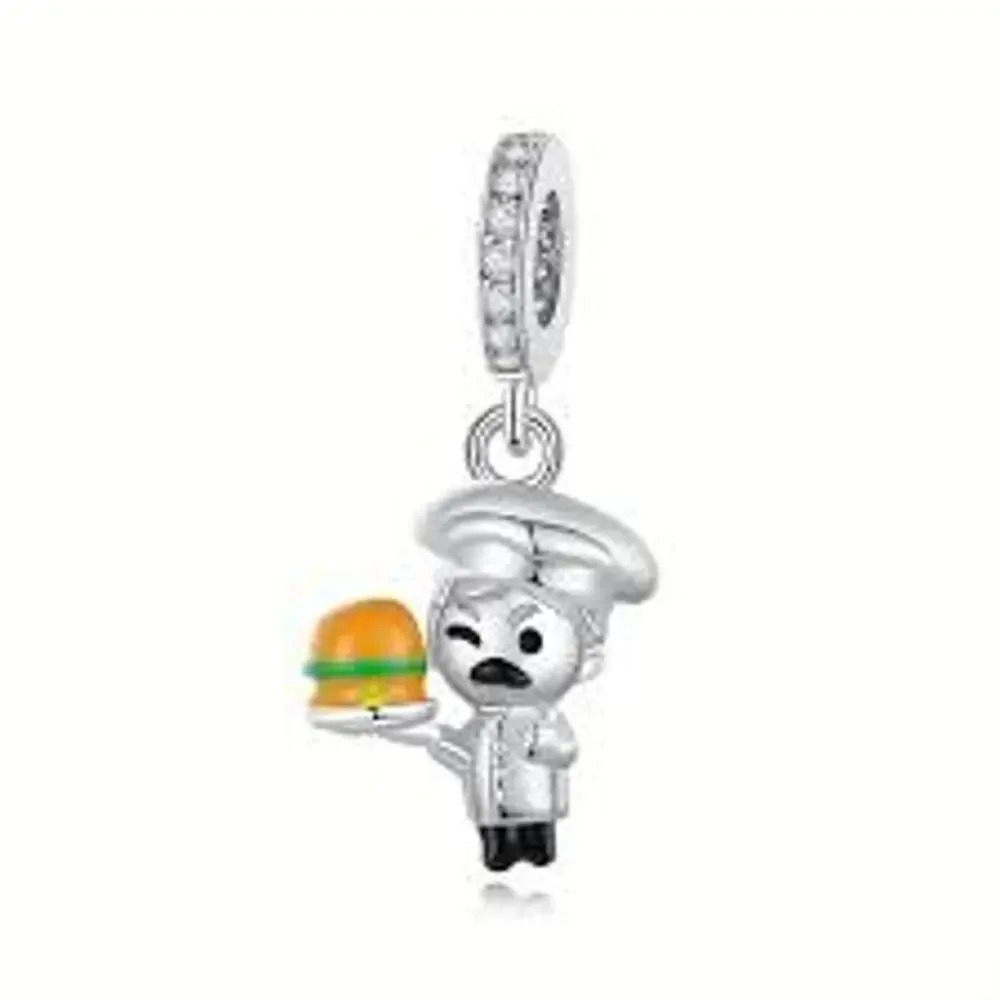 NEW Chef with Burger Dangle Charm Pendant 925 Sterling Silver